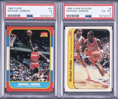 1986-87 Fleer Basketball Complete Set (132) Plus Stickers Set (11) – Including #57 Michael Jordan Rookie Card PSA EX 5 & #8 Sticker PSA EX-MT 6 Examples!